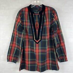 J.Crew Plaid Velvet Trim Long Sleeve Blouse‎ Top Tartan Navy Red Small Holiday